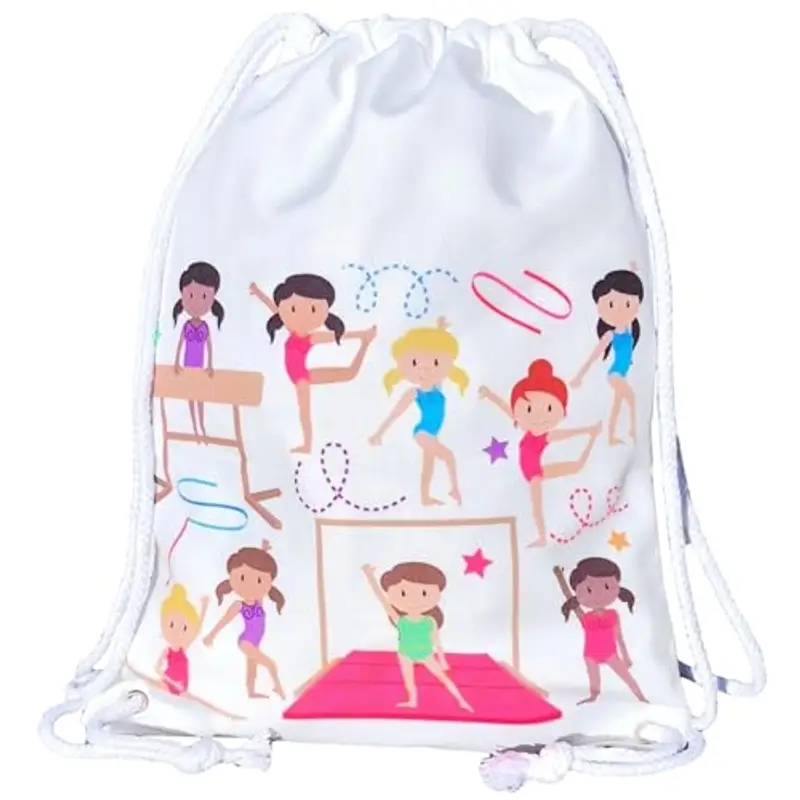 HECKBO Sacca per Bambine, Borsa per Danza, Cotone - Sfondo Bianco, Motivo con Ginnaste - Educazione Fisica, Asilo, Scuola Materna, Gita - Borsa da Ginnastica per Bambine - 40x32cm