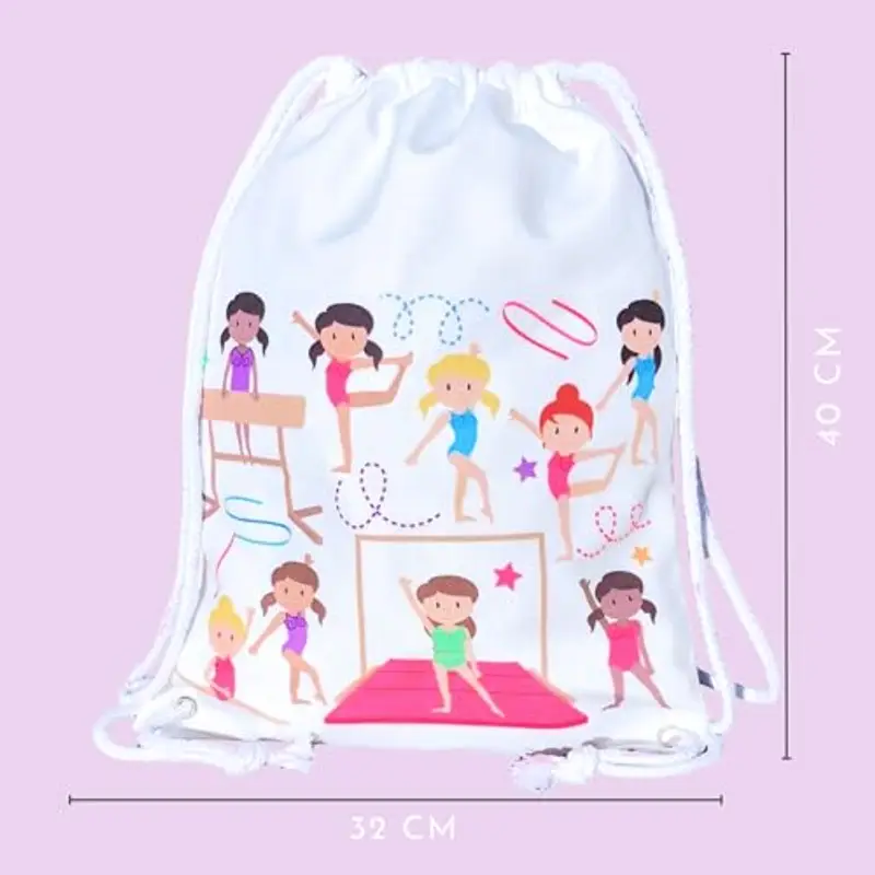 HECKBO Sacca per Bambine, Borsa per Danza, Cotone - Sfondo Bianco, Motivo con Ginnaste - Educazione Fisica, Asilo, Scuola Materna, Gita - Borsa da Ginnastica per Bambine - 40x32cm miniatura 2