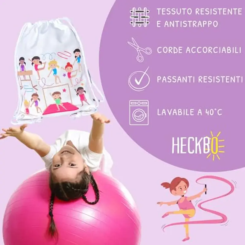 HECKBO Sacca per Bambine, Borsa per Danza, Cotone - Sfondo Bianco, Motivo con Ginnaste - Educazione Fisica, Asilo, Scuola Materna, Gita - Borsa da Ginnastica per Bambine - 40x32cm miniatura 3