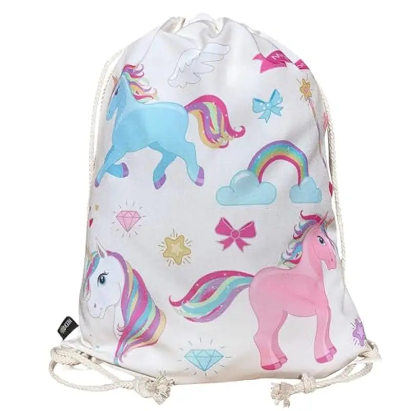 HECKBO Sacca per Bambine con Unicorni (Beige) - Motivo con Unicorni Colorati - 40x32cm - Sport, Scuola, Tempo Libero, Asilo, Scuola Materna, Gita - Bambine, Bimbe, Ragazze
