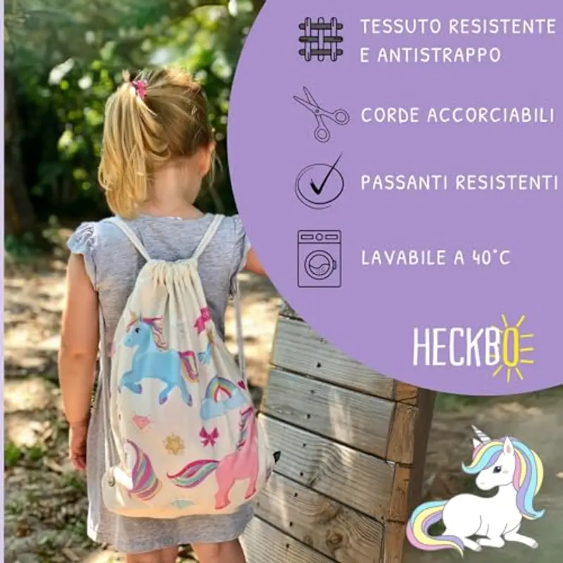 HECKBO Sacca per Bambine con Unicorni (Beige) - Motivo con Unicorni Colorati - 40x32cm - Sport, Scuola, Tempo Libero, Asilo, Scuola Materna, Gita - Bambine, Bimbe, Ragazze miniatura 2