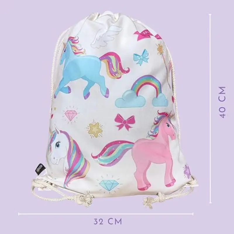 HECKBO Sacca per Bambine con Unicorni (Beige) - Motivo con Unicorni Colorati - 40x32cm - Sport, Scuola, Tempo Libero, Asilo, Scuola Materna, Gita - Bambine, Bimbe, Ragazze miniatura 3