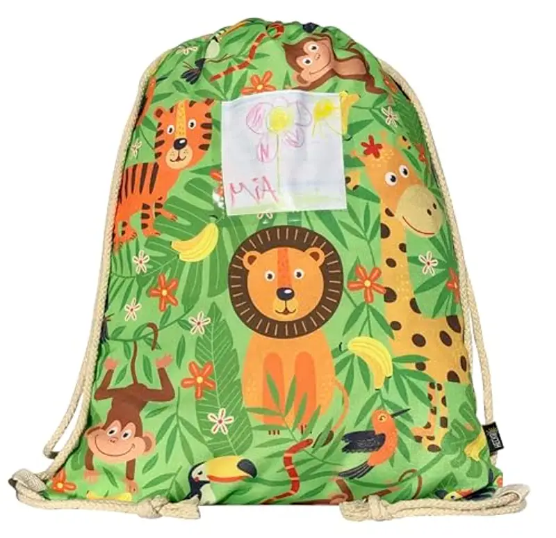 HECKBO Sacca per Bambini, Ragazzi e Ragazze con Taschino di Sicurezza per Foto - Giungla - Lavabile in Lavatrice - 40x32cm - Ideale per Asilo, Viaggi, Sport - Zaino, Borsa da Ginnastica