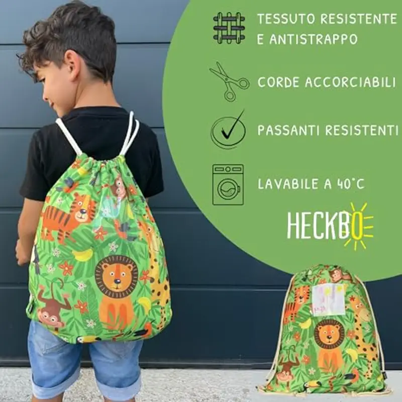 HECKBO Sacca per Bambini, Ragazzi e Ragazze con Taschino di Sicurezza per Foto - Giungla - Lavabile in Lavatrice - 40x32cm - Ideale per Asilo, Viaggi, Sport - Zaino, Borsa da Ginnastica miniatura 2