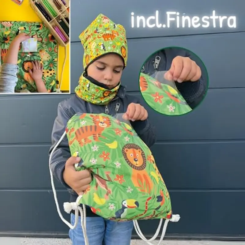 HECKBO Sacca per Bambini, Ragazzi e Ragazze con Taschino di Sicurezza per Foto - Giungla - Lavabile in Lavatrice - 40x32cm - Ideale per Asilo, Viaggi, Sport - Zaino, Borsa da Ginnastica miniatura 3