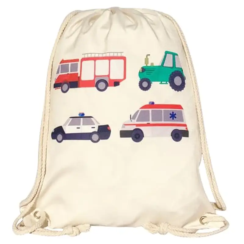 HECKBO Sacca per Bambini Ragazzi - Motivo con Camion Pompieri, Trattore, Ambulanza, Auto Polizia - 40x32cm - Lavabile in Lavatrice - Asilo, Scuola Materna, Gita, Calcio, Ginnastica - beige