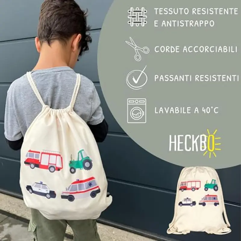HECKBO Sacca per Bambini Ragazzi - Motivo con Camion Pompieri, Trattore, Ambulanza, Auto Polizia - 40x32cm - Lavabile in Lavatrice - Asilo, Scuola Materna, Gita, Calcio, Ginnastica - beige miniatura 2
