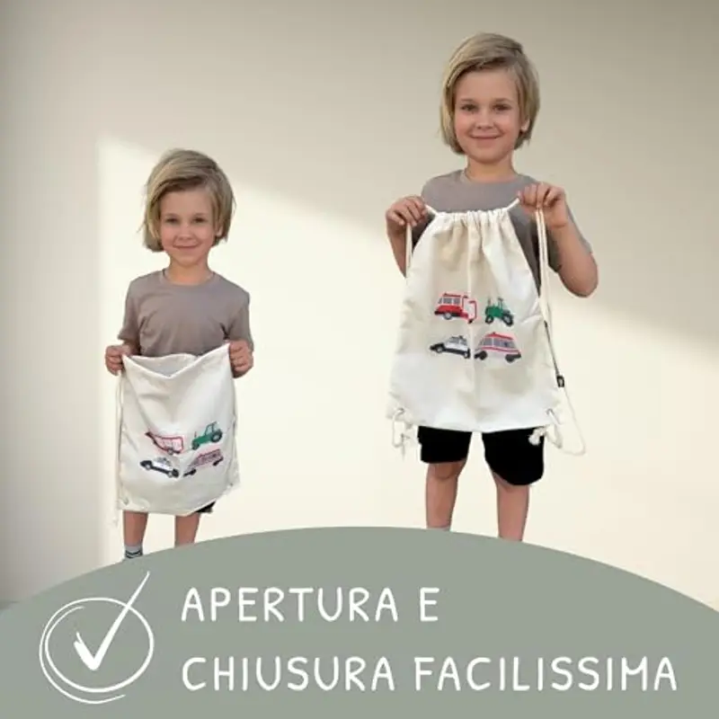 HECKBO Sacca per Bambini Ragazzi - Motivo con Camion Pompieri, Trattore, Ambulanza, Auto Polizia - 40x32cm - Lavabile in Lavatrice - Asilo, Scuola Materna, Gita, Calcio, Ginnastica - beige miniatura 3