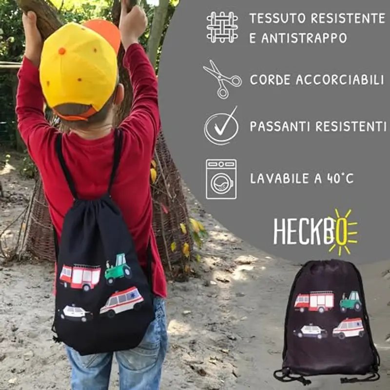 HECKBO Sacca per Bambini, Ragazzi | Motivo con Camion Pompieri, Trattore, Ambulanza, Auto Polizia - Lavabile in miniatura 2