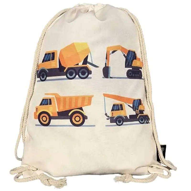 HECKBO Sacca per Bambini, Ragazzi - Sfondo beige - 40x32cm - Motivo con Mezzi da Lavoro - Asilo, Scuola Materna, Gita,