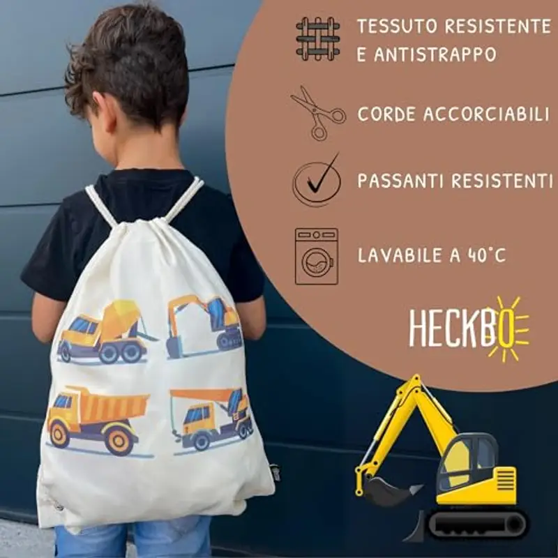 HECKBO Sacca per Bambini, Ragazzi - Sfondo beige - 40x32cm - Motivo con Mezzi da Lavoro - Asilo, Scuola Materna, Gita miniatura 2