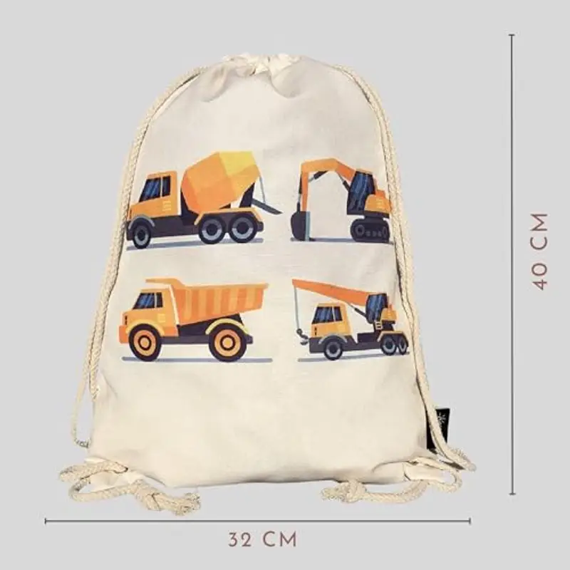 HECKBO Sacca per Bambini, Ragazzi - Sfondo beige - 40x32cm - Motivo con Mezzi da Lavoro - Asilo, Scuola Materna, Gita miniatura 3