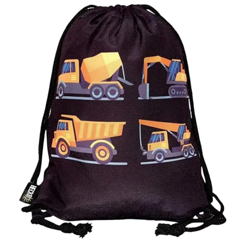 HECKBO Sacca per Bambini, Ragazzi - Sfondo Nero - 40x32cm - Motivo con Mezzi da Lavoro - Asilo, Scuola Materna, Gita, Sport - Zaino, Sacca per il Tempo Libero, Sacca da Ginnastica, Sacca per Scarpe