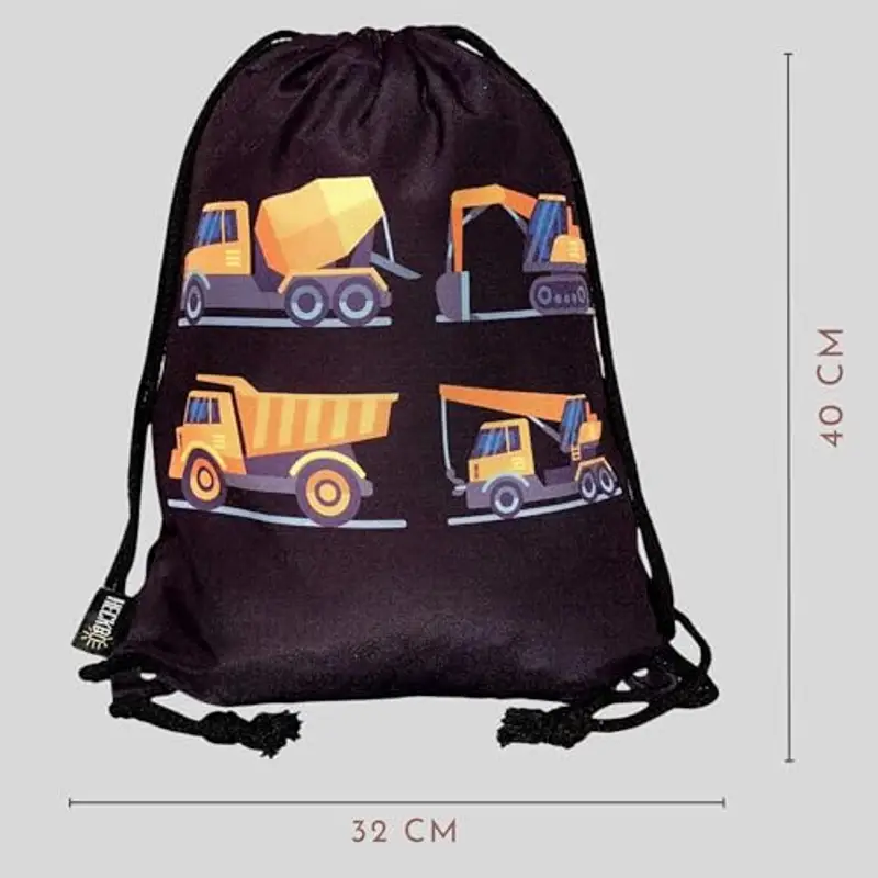 HECKBO Sacca per Bambini, Ragazzi - Sfondo Nero - 40x32cm - Motivo con Mezzi da Lavoro - Asilo, Scuola Materna, Gita, Sport - Zaino, Sacca per il Tempo Libero, Sacca da Ginnastica, Sacca per Scarpe miniatura 3