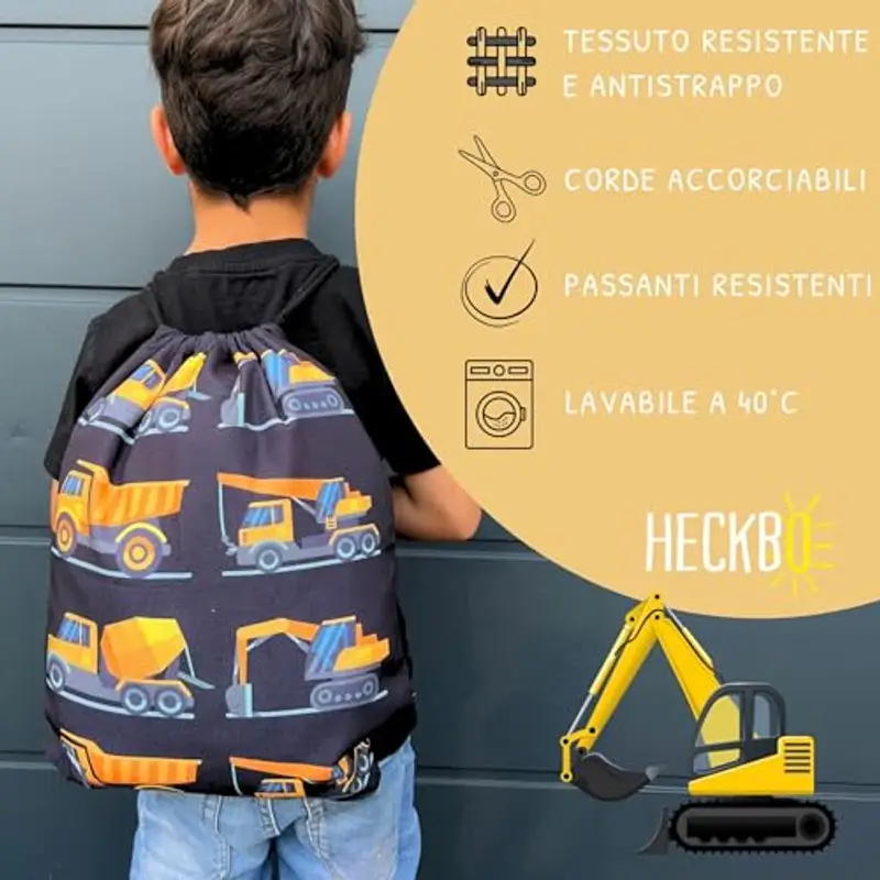 HECKBO Sacca per Bambini, Ragazzi - Sfondo Nero - 40x32cm - Motivo con Mezzi da Lavoro - Asilo, Scuola Materna, Gita, Sport - Zaino, Sacca per il Tempo Libero, Sacca da Ginnastica, Sacca per Scarpe miniatura 2