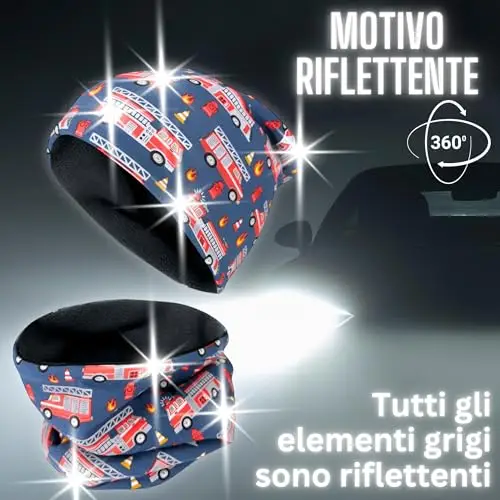 HECKBO set berretto e sciarpa ad anello invernale 360° riflettore per bambini - pompieri fodera in pile - 2-6 anni miniatura 2