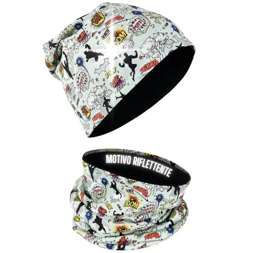 HECKBO set berretto e sciarpa ad anello invernale 360° riflettore per bambini - supereroe - fodera in pile - 2-6 anni -