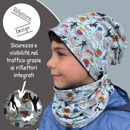 HECKBO set berretto e sciarpa ad anello invernale 360° riflettore per bambini - supereroe - fodera in pile - 2-6 anni miniatura 3