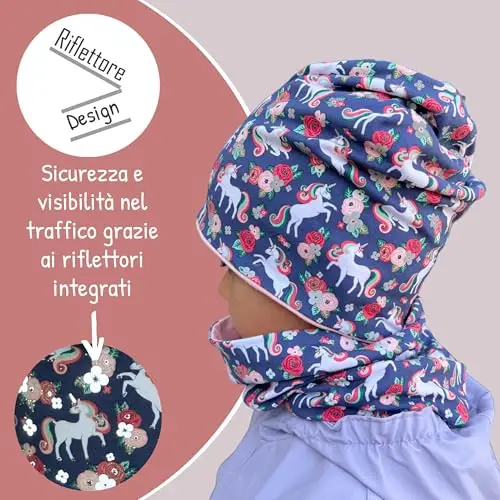 HECKBO set berretto e sciarpa ad anello invernale 360° riflettore per bambini - unicorno fodera in pile - 2-6 anni miniatura 3