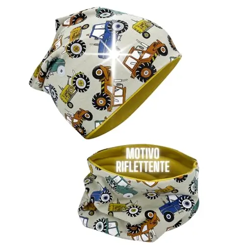 HECKBO set berretto e sciarpa ad anello per bambini trattore - 2-8 anni - sicurezza riflettore 360° - berretto con luce
