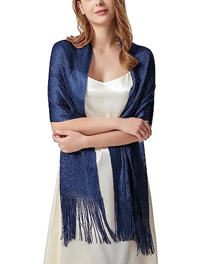 heekpek Scialle Donna Elegante Cerimonia con Frange Leggero Lungo Elegante Sciarpa per Festa Matrimoni Cerimonia Sposa Adatto a Tutte le Stagioni, Blu navy miniatura 3