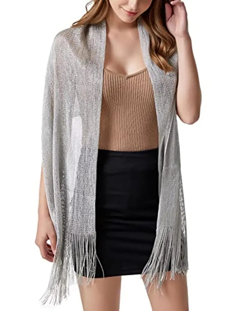 heekpek Scialle Donna Elegante Cerimonia con Frange Leggero Lungo Elegante Sciarpa per Festa Matrimoni Cerimonia Sposa Adatto a Tutte le Stagioni, D'argento miniatura 2