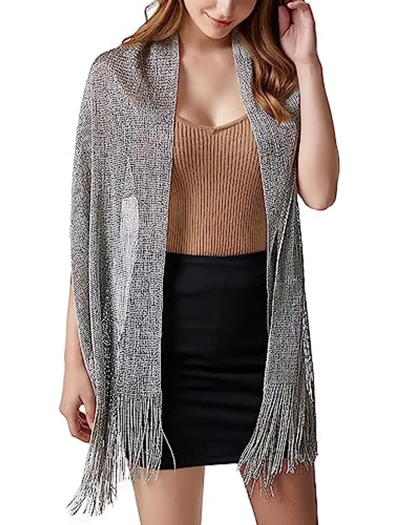 heekpek Scialle Donna Elegante Cerimonia con Frange Leggero Lungo Elegante Sciarpa per Festa Matrimoni Cerimonia Sposa Adatto a Tutte le Stagioni, Grigio miniatura 2