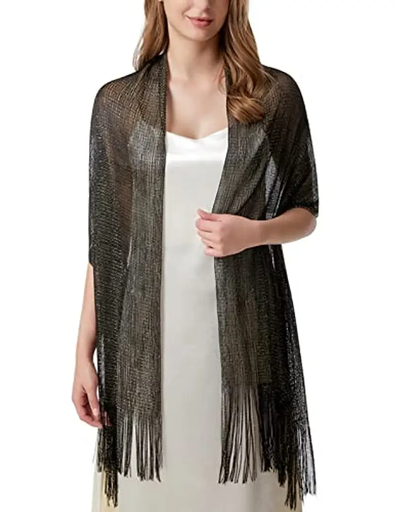 heekpek Scialle Donna Elegante Cerimonia con Frange Leggero Lungo Elegante Sciarpa per Festa Matrimoni Cerimonia Sposa Adatto a Tutte le Stagioni, Nero miniatura 2