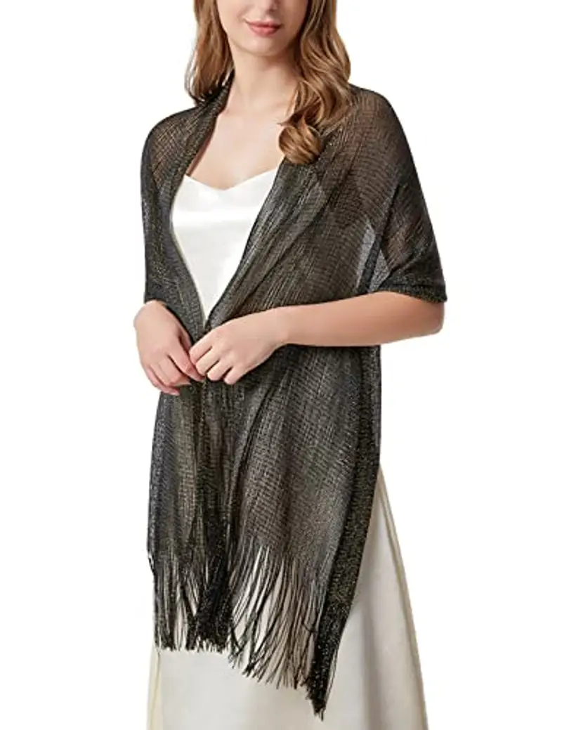 heekpek Scialle Donna Elegante Cerimonia con Frange Leggero Lungo Elegante Sciarpa per Festa Matrimoni Cerimonia Sposa Adatto a Tutte le Stagioni, Nero miniatura 3