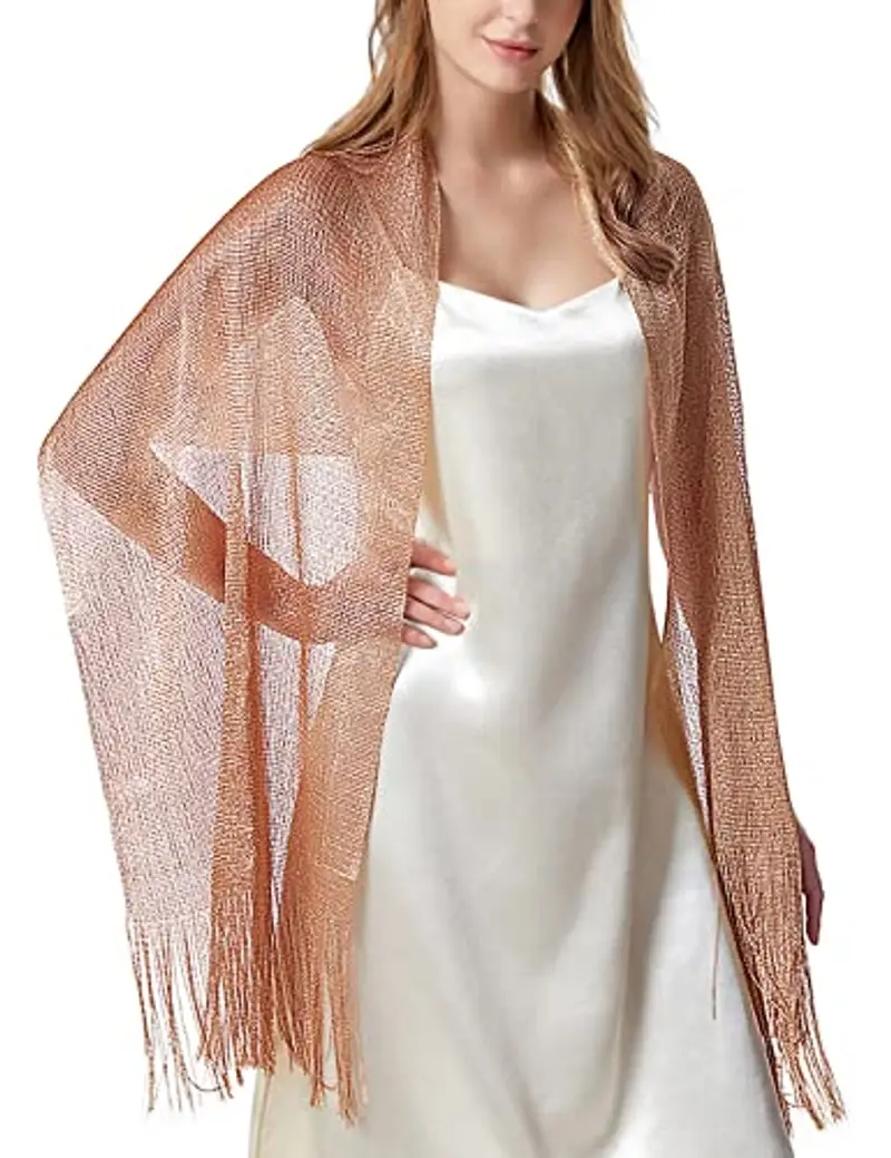 heekpek Scialle Donna Elegante Cerimonia con Frange Leggero Lungo Elegante Sciarpa per Festa Matrimoni Cerimonia Sposa Adatto a Tutte le Stagioni, Oro rosa miniatura 2