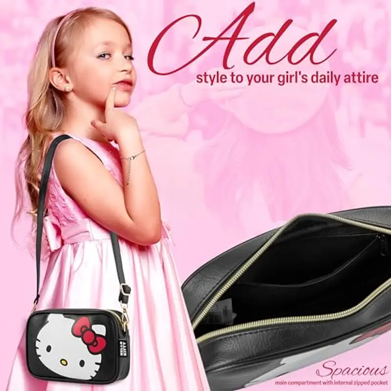 Hello Kitty Borsa Tracolla con Tracolla Rimovibile, Scomparto Interno e Cerniera(Nero) miniatura 3