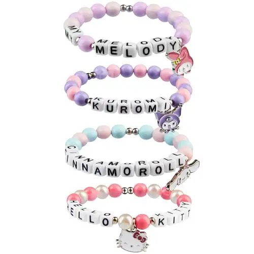 Hello Kitty Sanrio Braccialetti Bambina 4 Pz, Cinnamoroll Kuromi Kawaii Ciondolo con Perline Elastiche Anime
