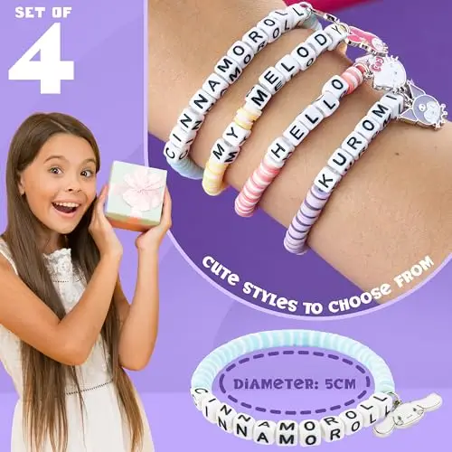 Hello Kitty Sanrio Braccialetti Bambina 4 Pz, Cinnamoroll Kuromi Kawaii Ciondolo con Perline Elastiche Anime miniatura 2