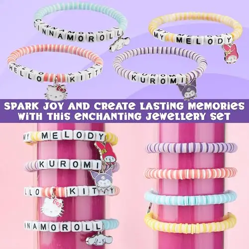 Hello Kitty Sanrio Braccialetti Bambina 4 Pz, Cinnamoroll Kuromi Kawaii Ciondolo con Perline Elastiche Anime miniatura 3