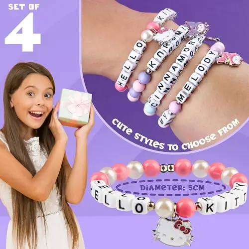 Hello Kitty Sanrio Braccialetti Bambina 4 Pz, Cinnamoroll Kuromi Kawaii Ciondolo con Perline Elastiche Anime miniatura 2