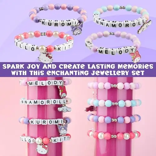 Hello Kitty Sanrio Braccialetti Bambina 4 Pz, Cinnamoroll Kuromi Kawaii Ciondolo con Perline Elastiche Anime miniatura 3