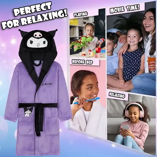 Hello Kitty Sanrio Kuromi Vestaglia Pile Bambina Adolescenti con Cappuccio, Accappatoio Piscina di Pile, Regalo Ragazza miniatura 3