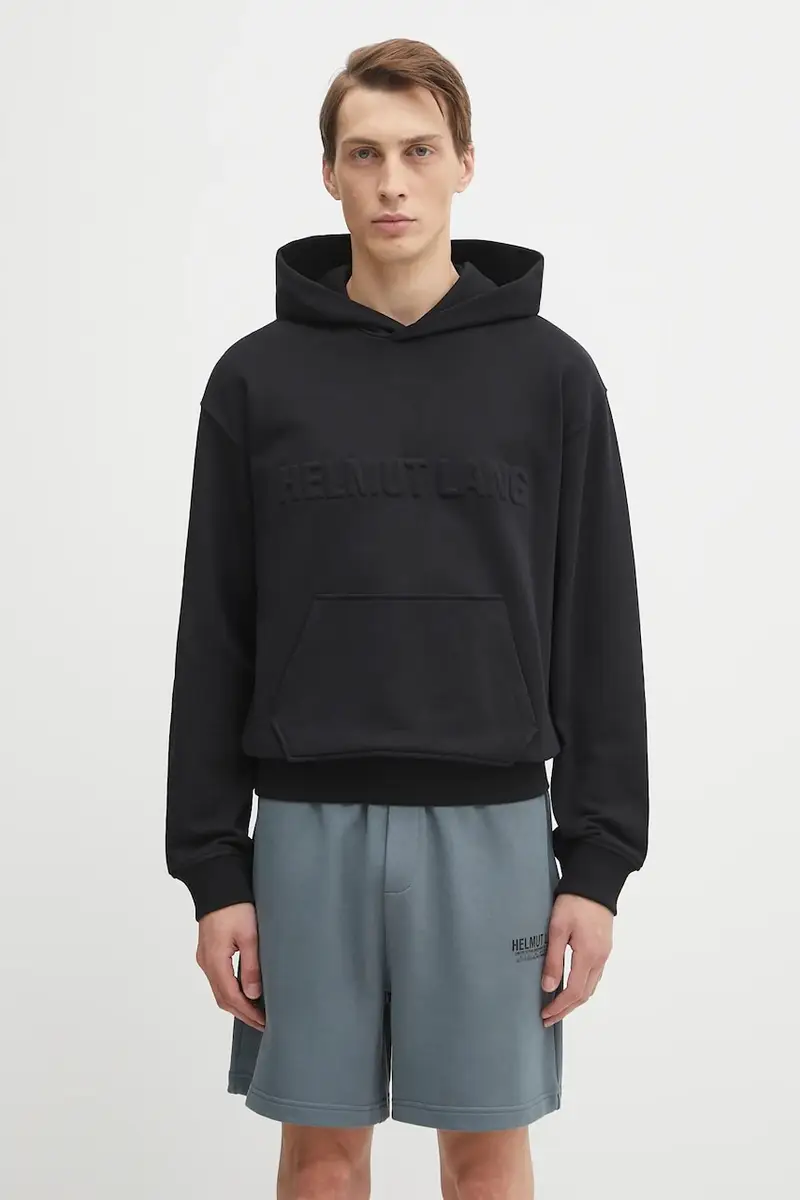 felpa in cotone uomo colore nero con cappuccio con applicazione P04HM504