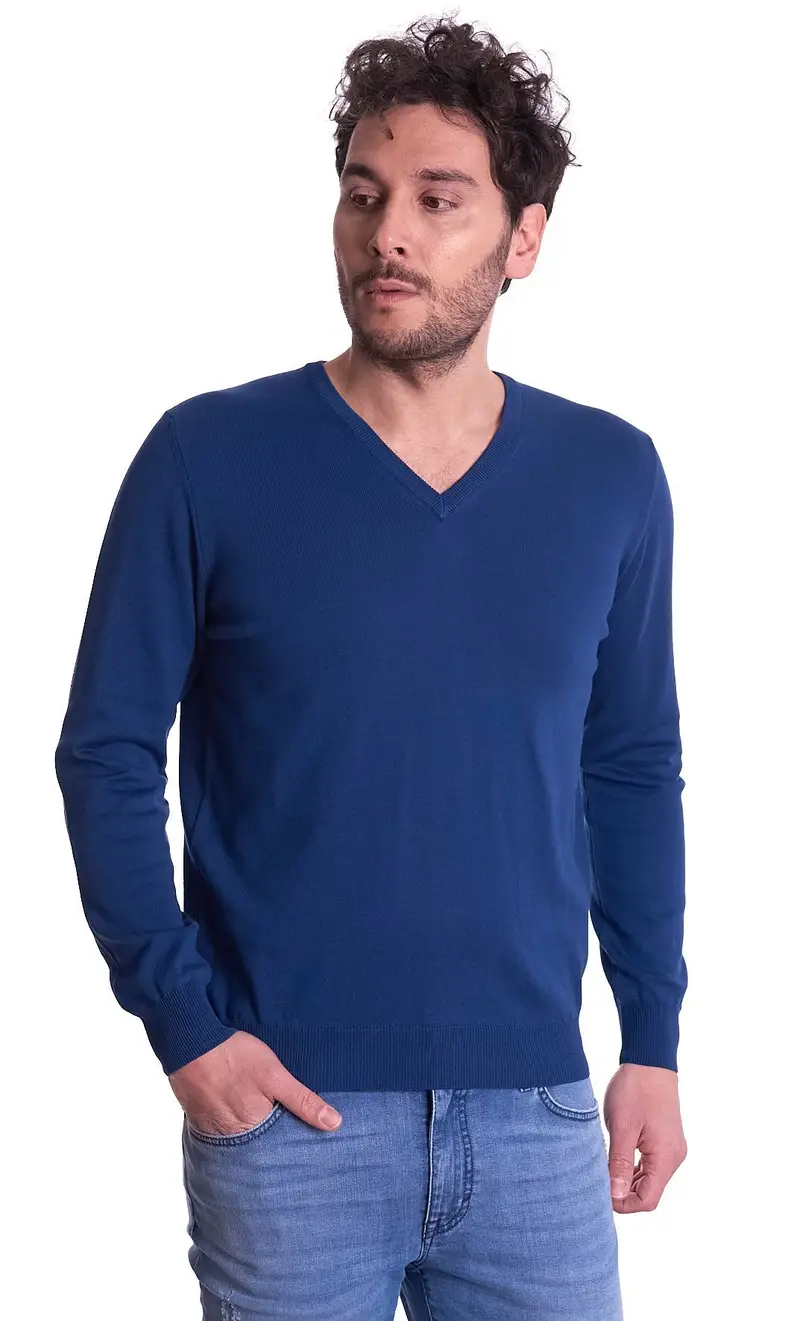 Maglia heritage scollo a v in puro cotone, colore bluette