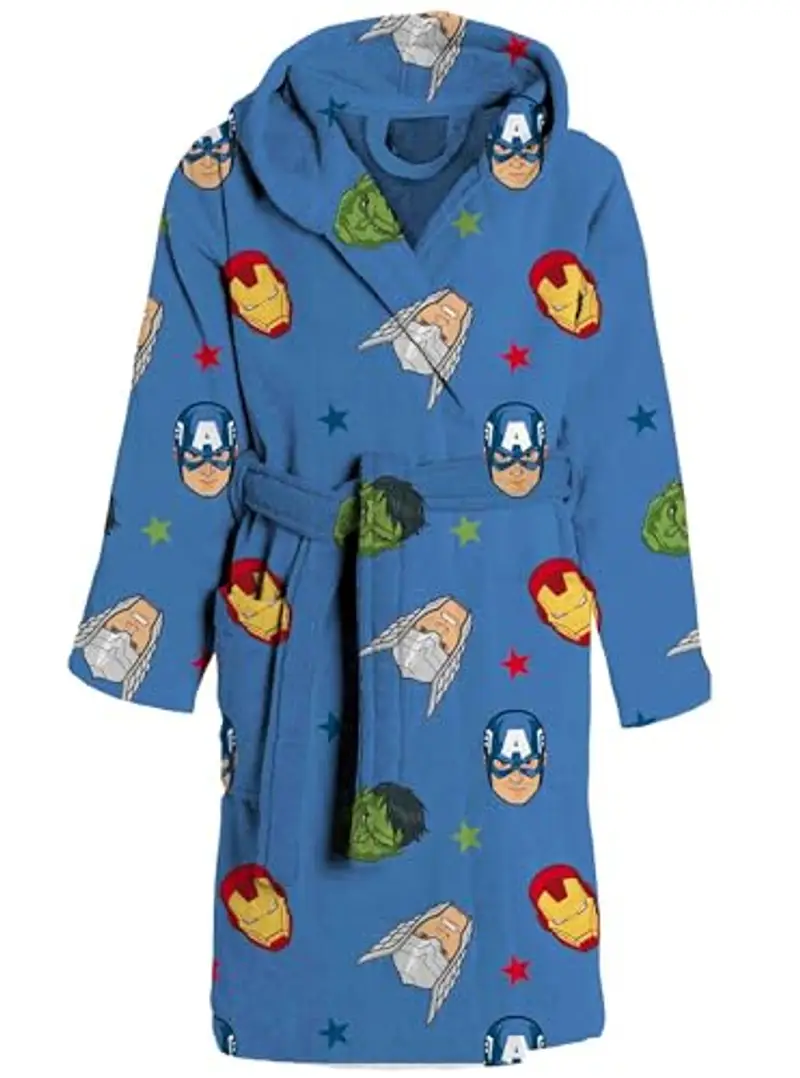 hermet Accappatoio In Spugna, 100% Cotone, Accappatoio da Bambino, Con Cappuccio e Cintura, Disegno Con Avengers, 6/7