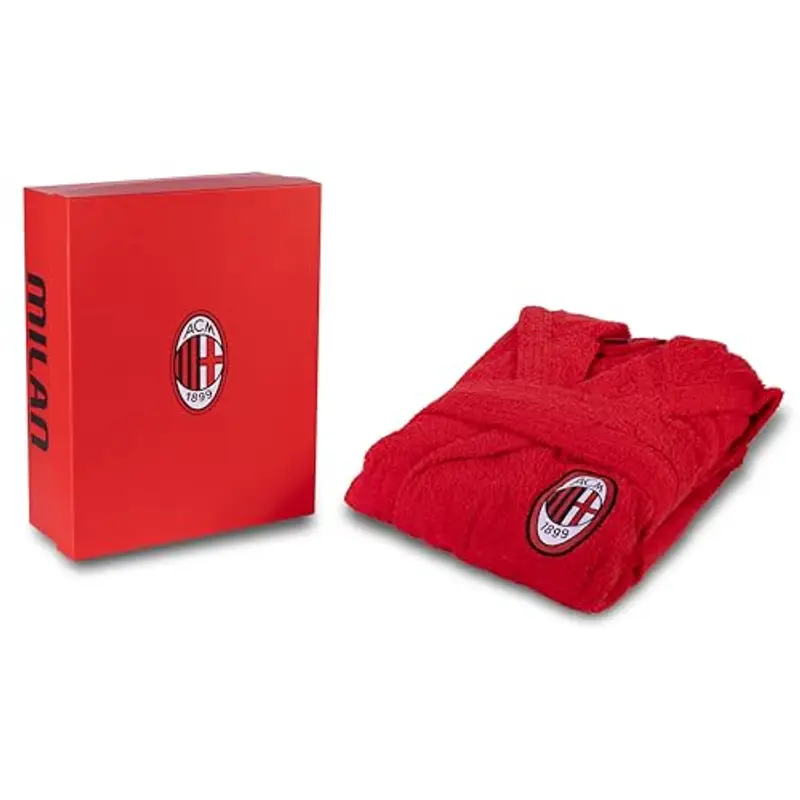 hermet Milan, Accappatoio con Cappuccio, Accappatoio Bambini e Ragazzi, Unisex, in Spugna 380 gsm, 100% Cotone, Logo del Milan Lato Cuore, Taglia 12/14 Anni