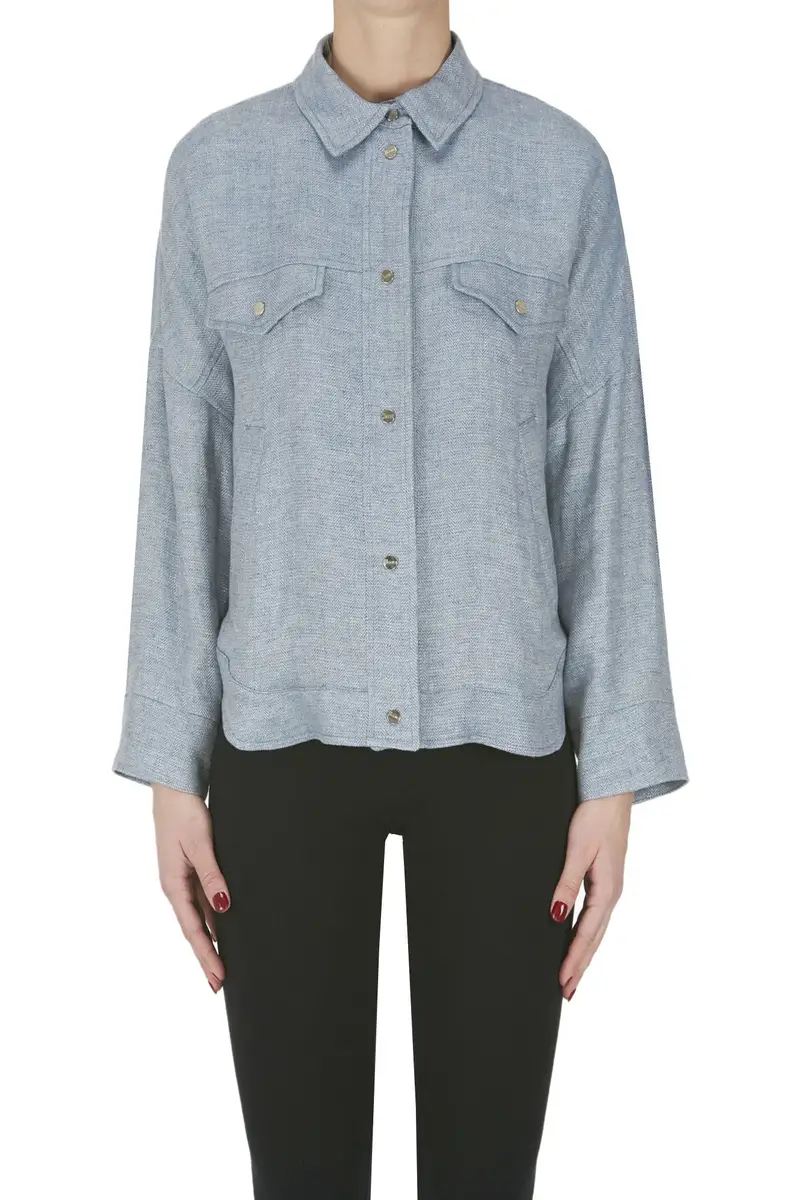 Giacca camicia in lino spigato Denim Chiaro