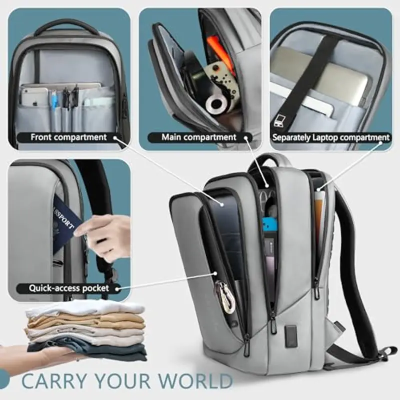 HEROIC KNIGHT Zaino per Computer Portatili da Uomo Zaini per PC portatili da 15, 6 pollici, con porta USB antifurto Grande Capacità Resistente all'Acqua per lavoro Quotidiano Viaggio Università-Grigio miniatura 3