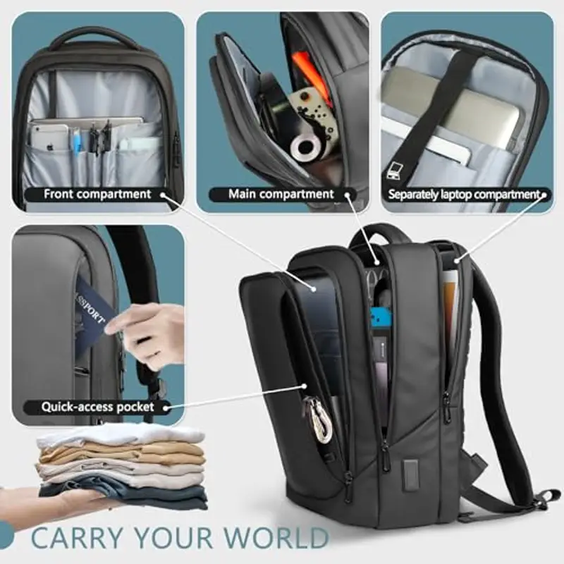 HEROIC KNIGHT Zaino per Computer Portatili da Uomo Zaini per PC portatili da 15, 6 pollici, con porta USB antifurto Grande Capacità Resistente all'Acqua per lavoro Quotidiano Viaggio Università-Nero miniatura 3