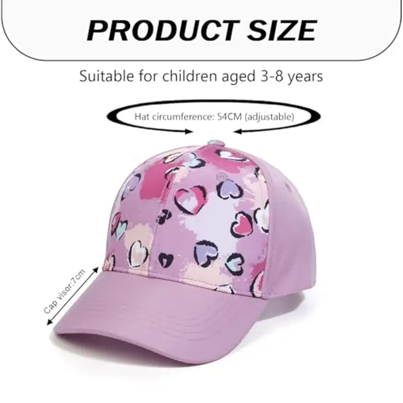 HERUAI Cappello da baseball per bambini con coda di cavallo per 3-8 anni ragazze ragazzi regolabile protezione UV cappello estivo cappello da golf visiera parasole cappello da tennis, Amore, Taglia miniatura 2