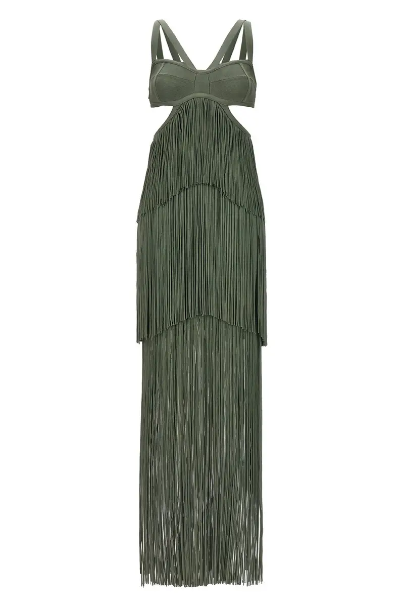 Abito Strappy Tiered Fringe Verde