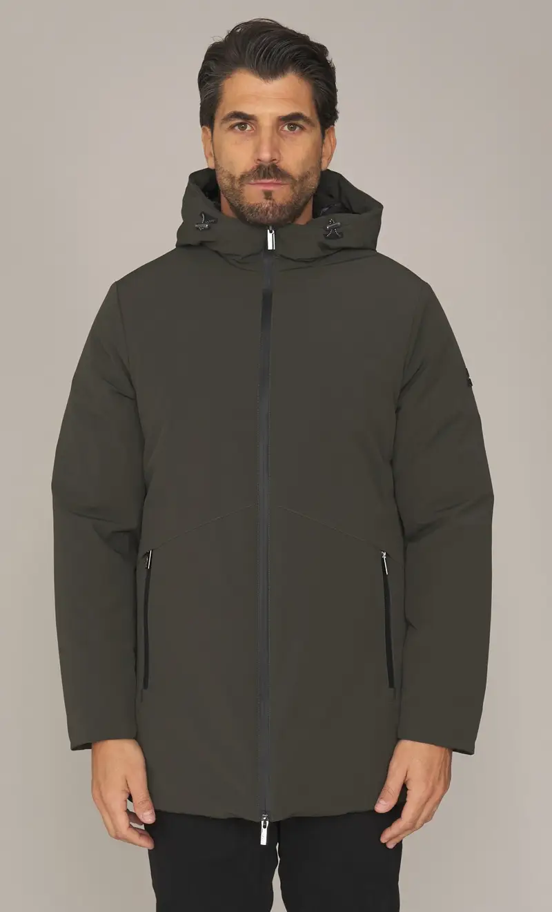 Piumino lungo heskimo con cappuccio, colore militare