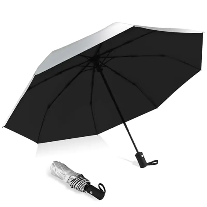 HEXSOLID 105CM/92CM Ombrello Pieghevole Antivento Pioggia da Viaggio Ombrello Automatico Nero Ombrello Piccolo Portatile da Anti UV Resistente al Vento All'acqua Ombrello da Sole UPF>50+ 8 Ossa