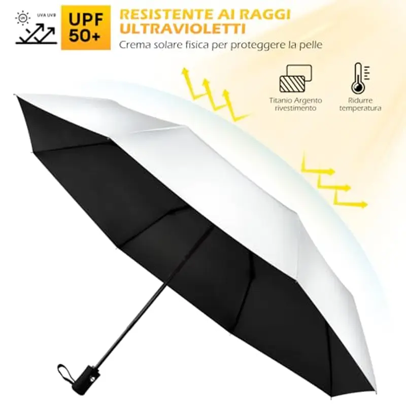 HEXSOLID 105CM/92CM Ombrello Pieghevole Antivento Pioggia da Viaggio Ombrello Automatico Nero Ombrello Piccolo Portatile da Anti UV Resistente al Vento All'acqua Ombrello da Sole UPF>50+ 8 Ossa miniatura 2
