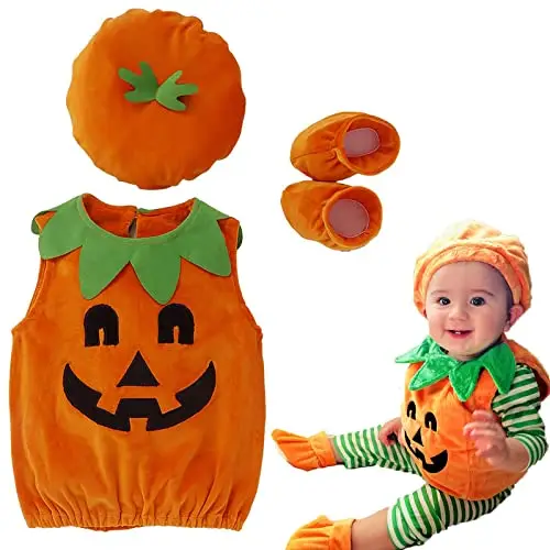Hifot 3 Pezzi Vestito Zucca Neonato,Costume Zucca Bambino Pagliaccetto con Cappello e Scarpa Costumi Halloween Bambini